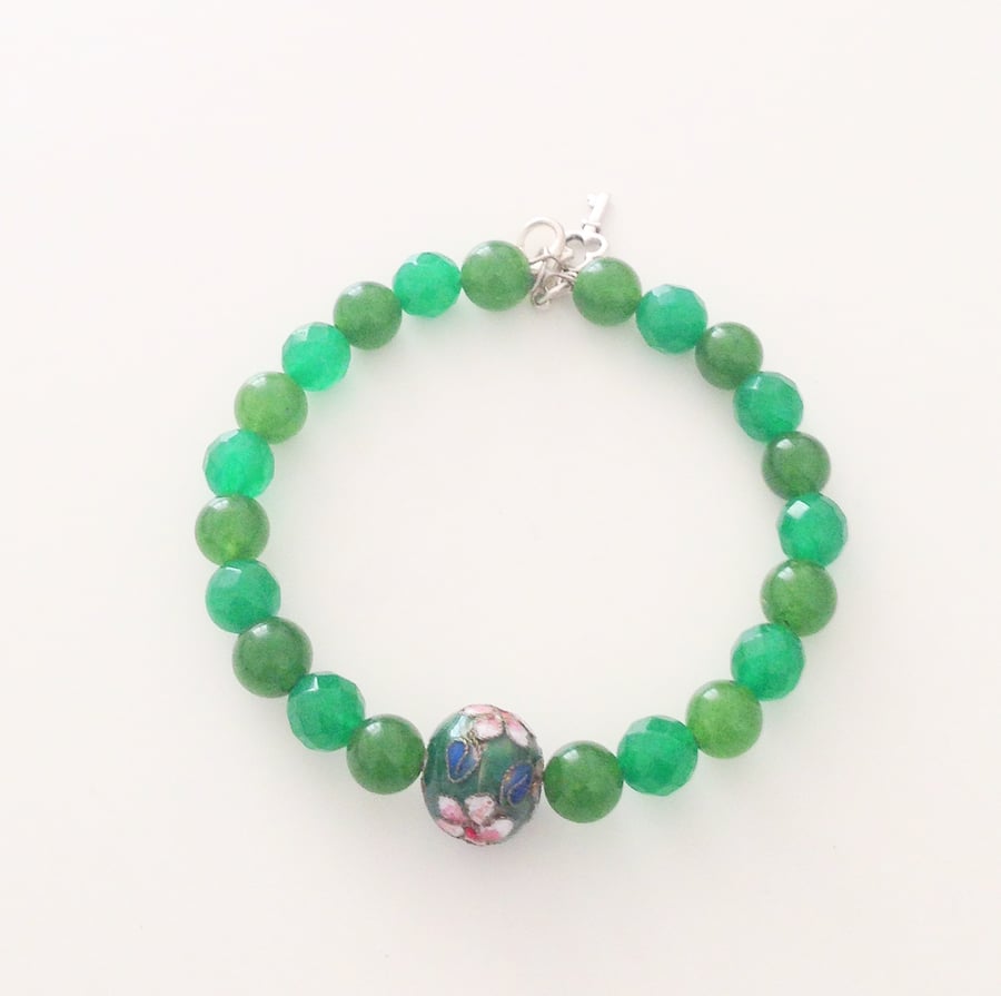 Green Gemstone and Cloisonne Bead Bracelet - UK Free Post