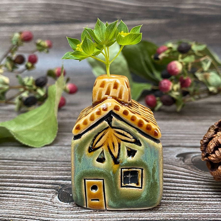 Ceramic Mini House with Chimney - Green and Honey
