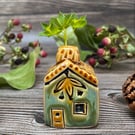 Ceramic Mini House with Chimney - Green and Honey
