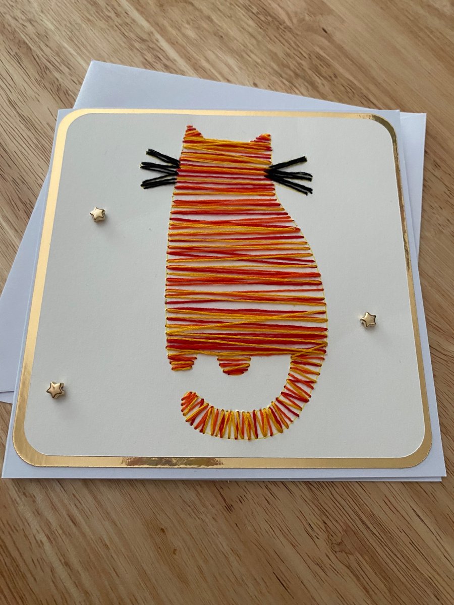 Handmade Unique Hand-Stitched Cat Card - Keepsake personalisation available  
