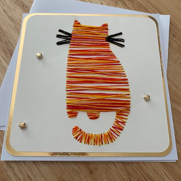 Handmade Unique Hand-Stitched Cat Card - Keepsake personalisation available  