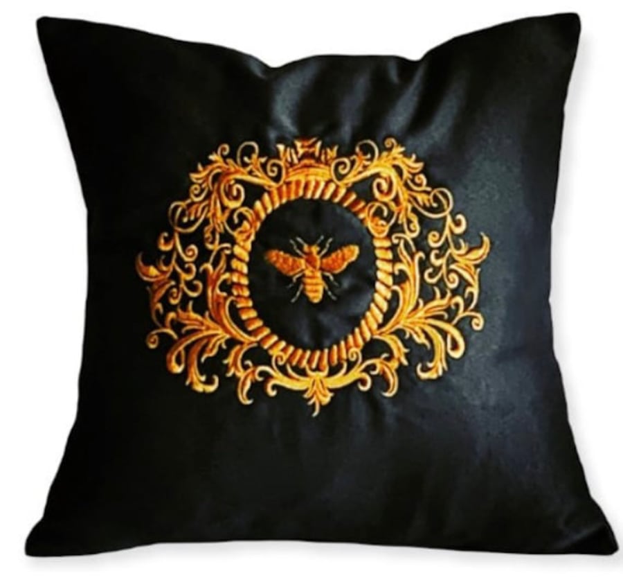 Regal Gold Bee Embroidered Cushion BLACK Cover Gift Idea 
