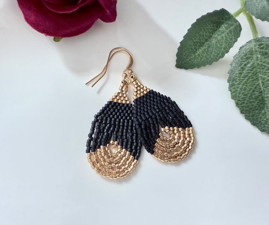 Black and gold beadwork teardrop earrings