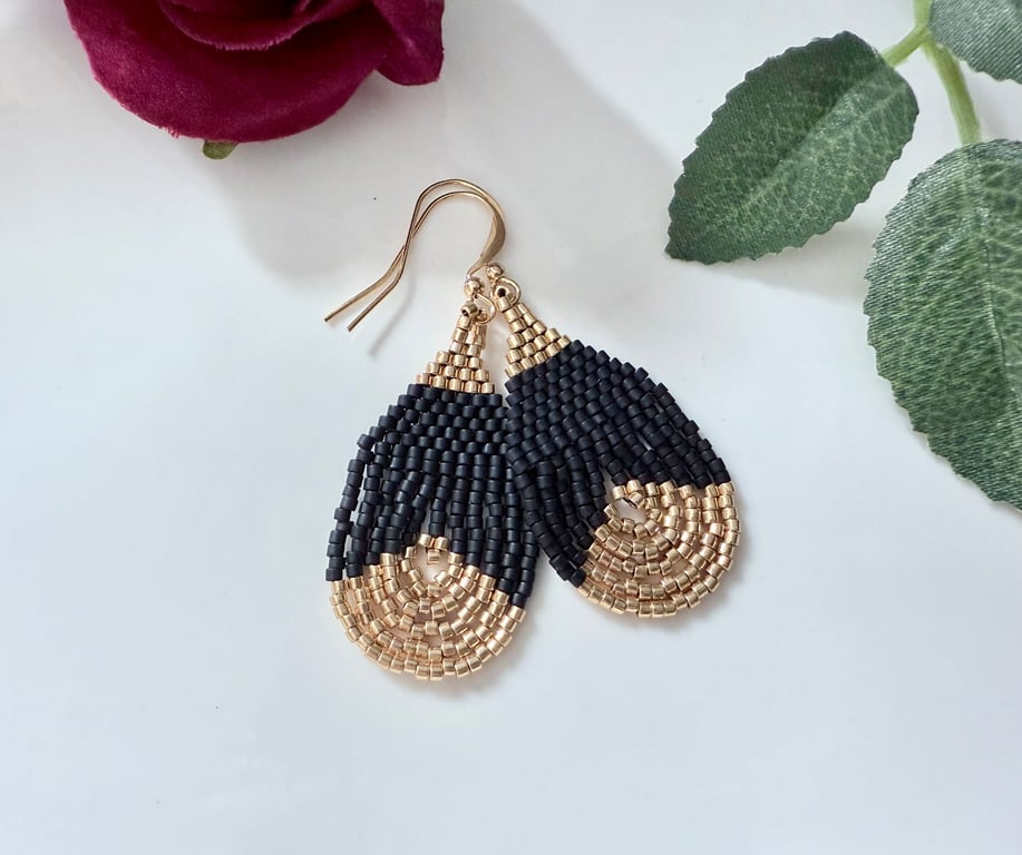 Black and gold beadwork teardrop earrings