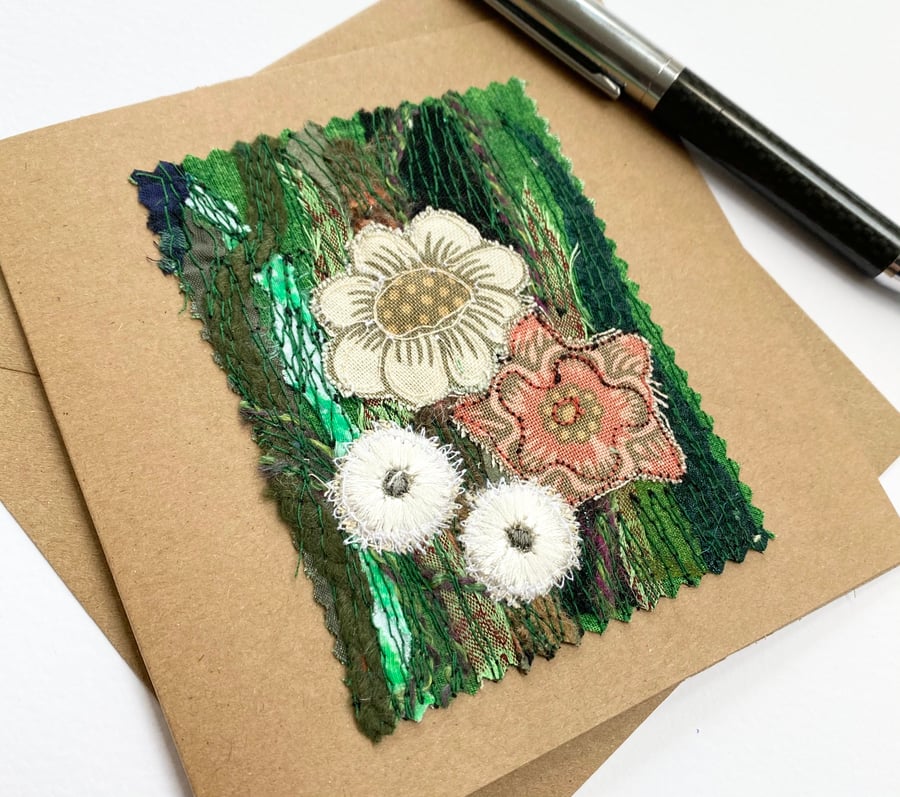 Up-cycled embroidered flower garden card. 