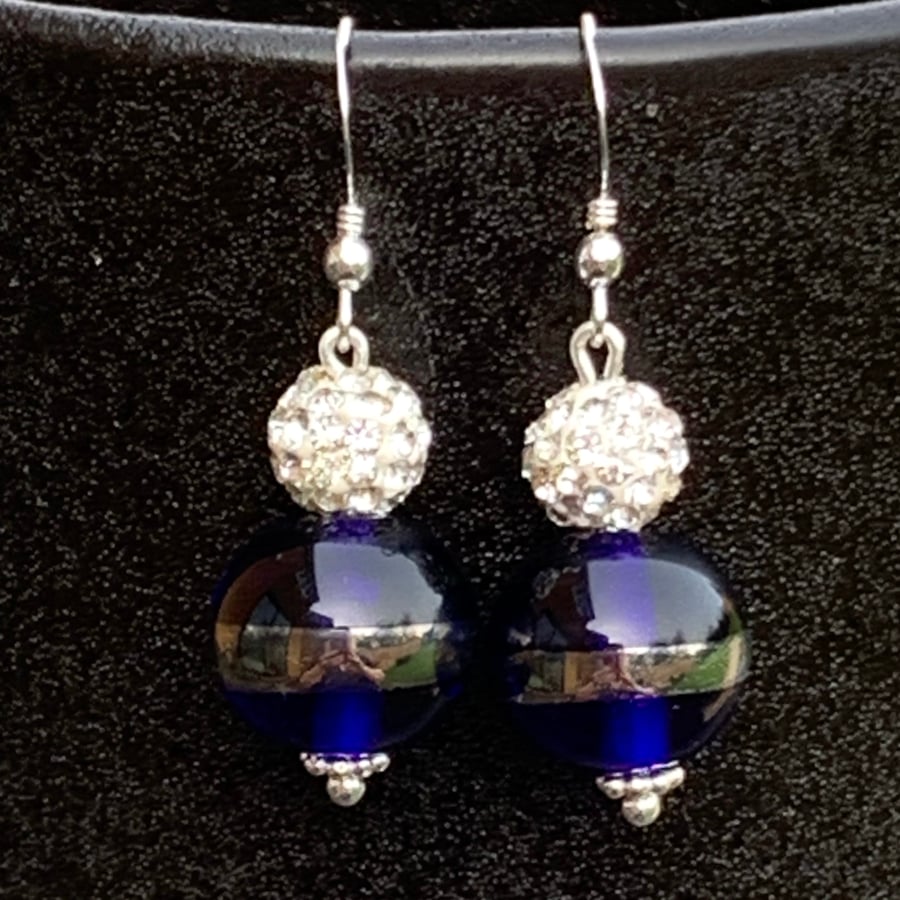sterling silver - artisan lampwork glass & rhinestone - dangle earrings 