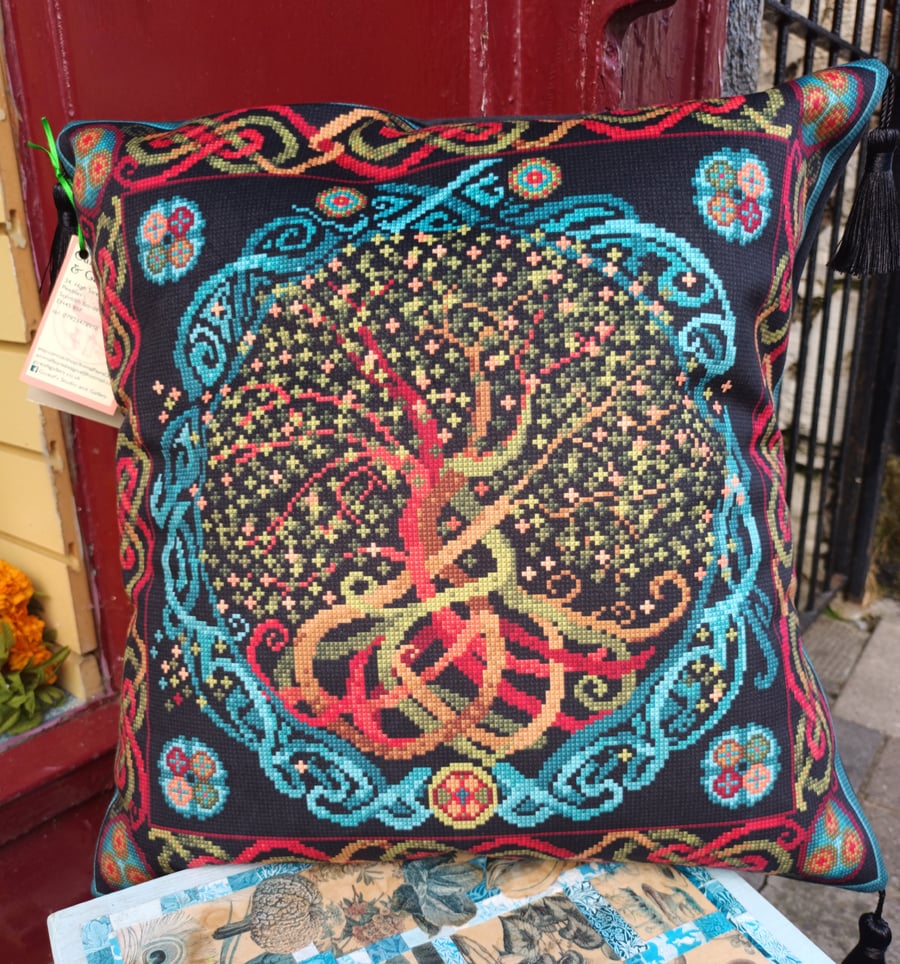 Celtic Tree Of Life Velvet Cushion,  Tapestry Stitch Simulation,  Bohemian