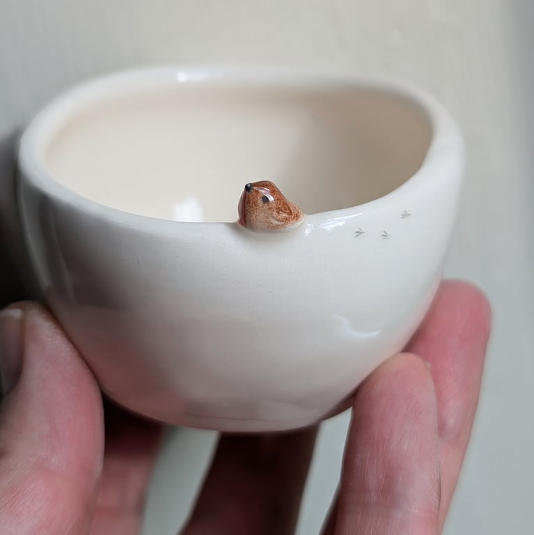 Ceramic handmade tealight robin & birdprints pottery candle holder 