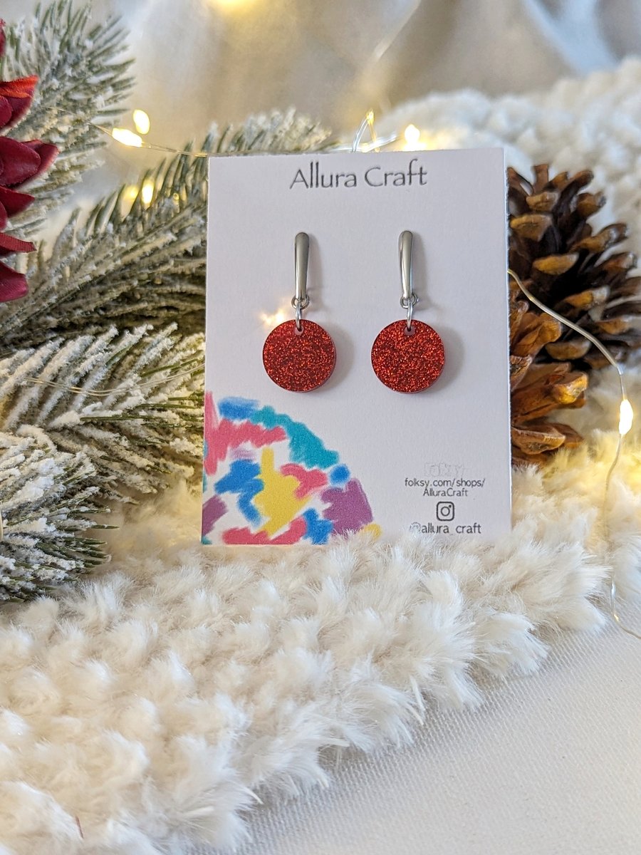 Red Glitter & Bar Stud Earrings 