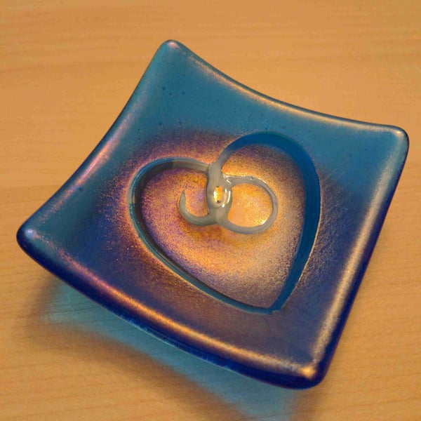 Fused glass heart dish 10cm Transparent Blue rainbow iridescent