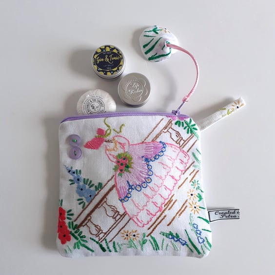  Make up bag pouch recycled in a vintage crinoline lady embroidered tablecloth