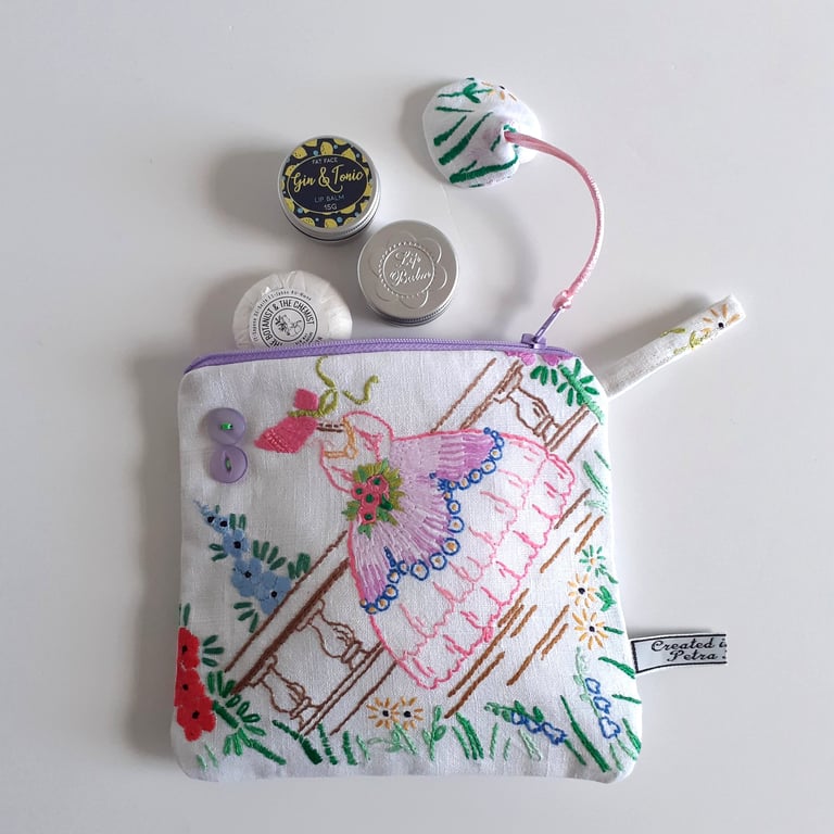  Make up bag pouch recycled in a vintage crinoline lady embroidered tablecloth
