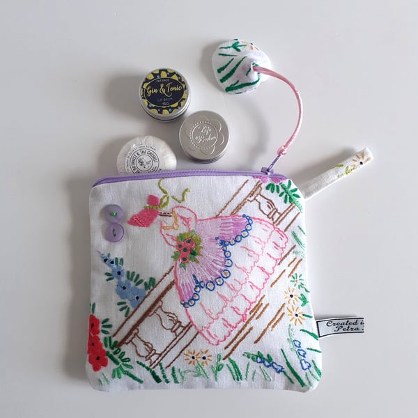  Make up bag pouch recycled in a vintage crinoline lady embroidered tablecloth