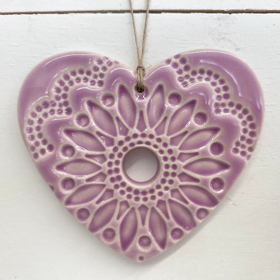 Pottery heart hanging decoration Pink