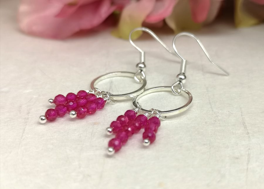 Pink spinel gemstone drop earrings, silver plated, August birthstone 
