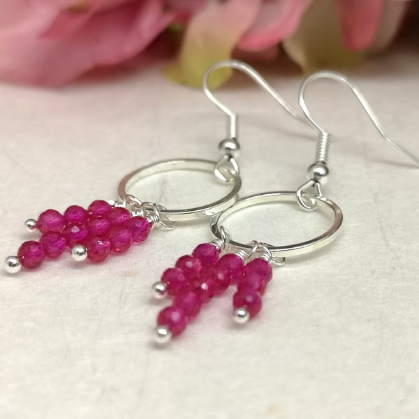 Pink spinel gemstone drop earrings, silver plated, August birthstone 