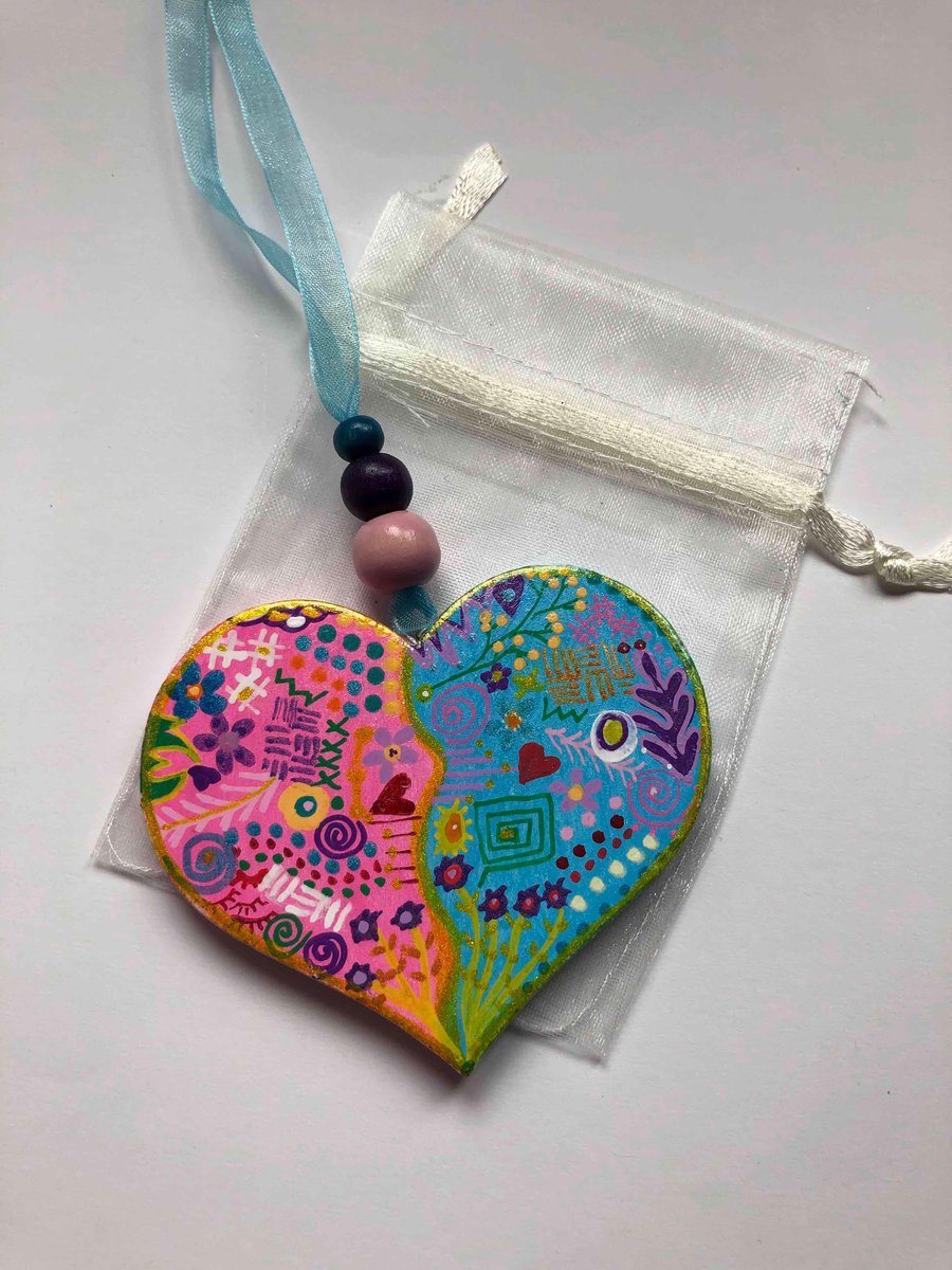Hand painted doodle wooden heart