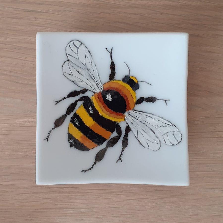 Fused glass painted bee decorative trinket dish