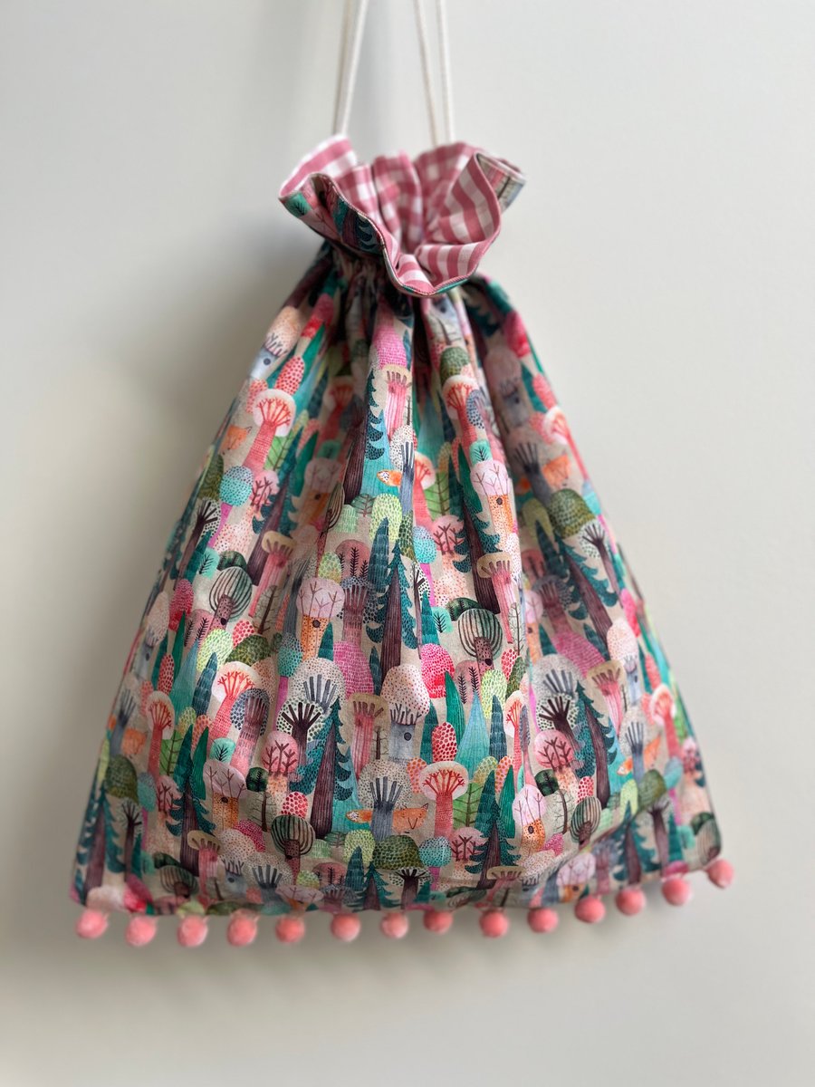 Drawstring bag - little trees and foxes with pompoms and gingham lining