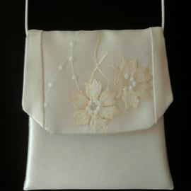 Handmade ivory silk satin and organza embroidered panel wedding pochette bag