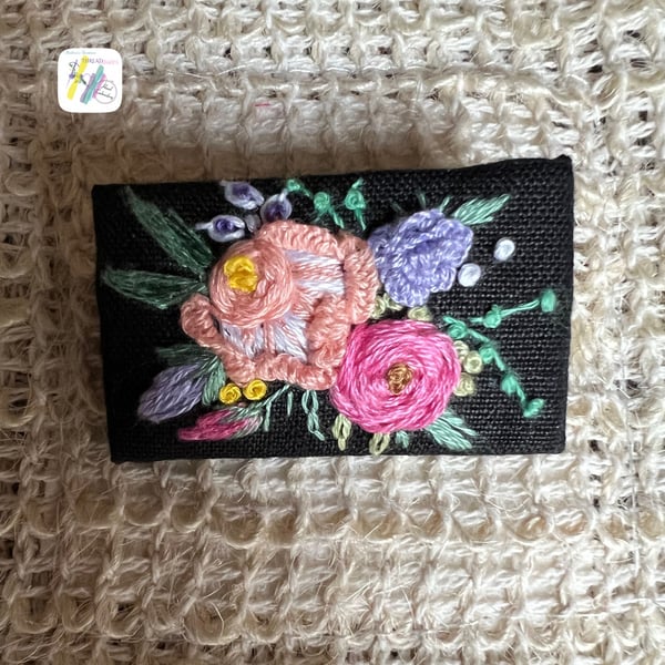 Hand embroidered brooch, black brooch, handmade pin brooch, gift for her, floral