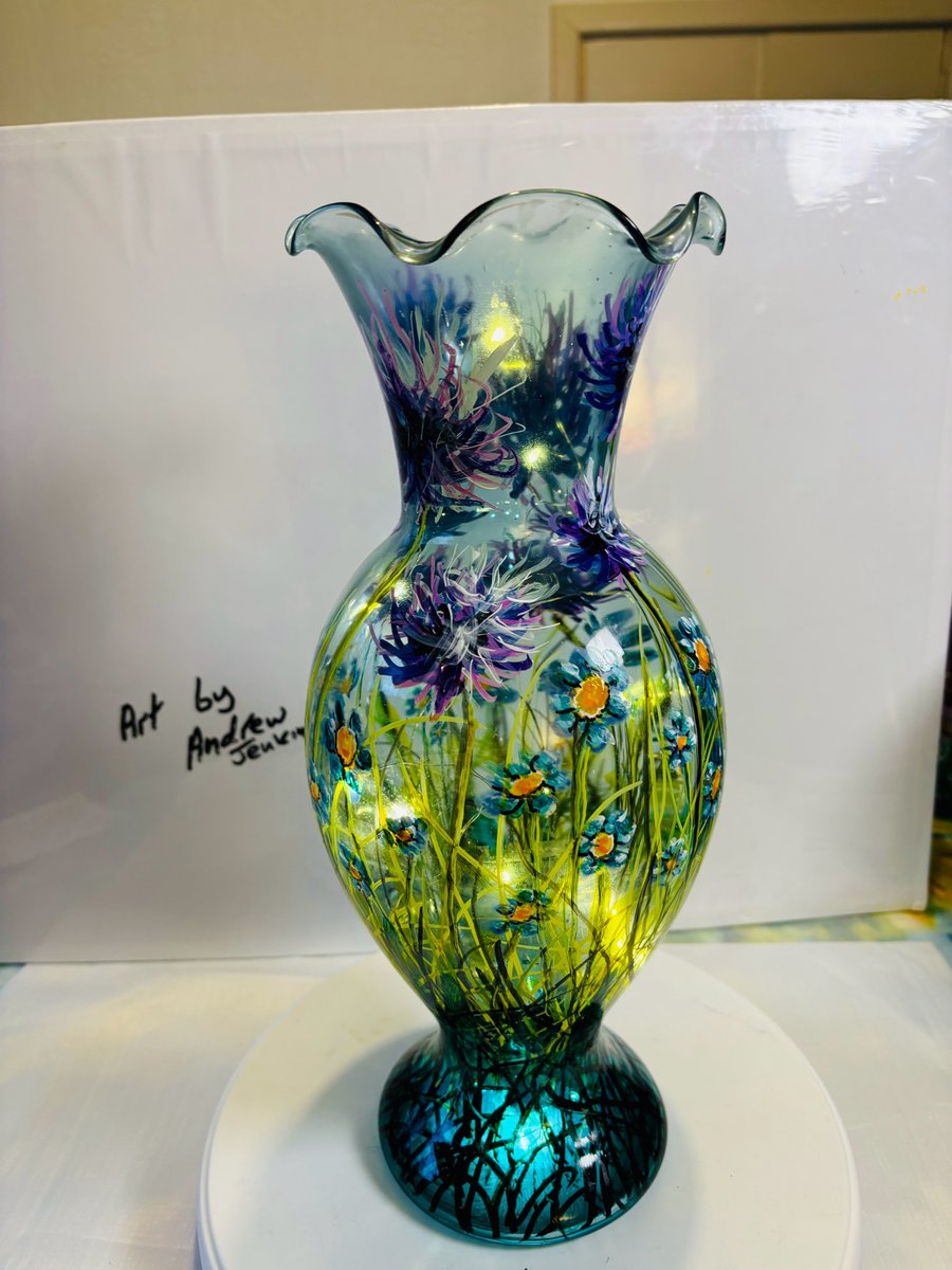A hand painted and fired glass vase by Andrew Jenkins 