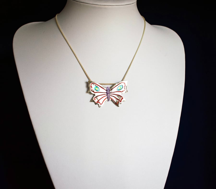 Fine Silver Multi Coloured Butterfly Pendant Necklace