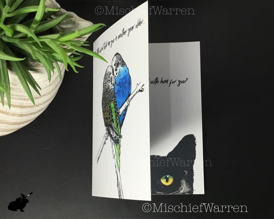 Funny Budgerigar Cat Card. A little bird told me... Birthday card for cat lover.