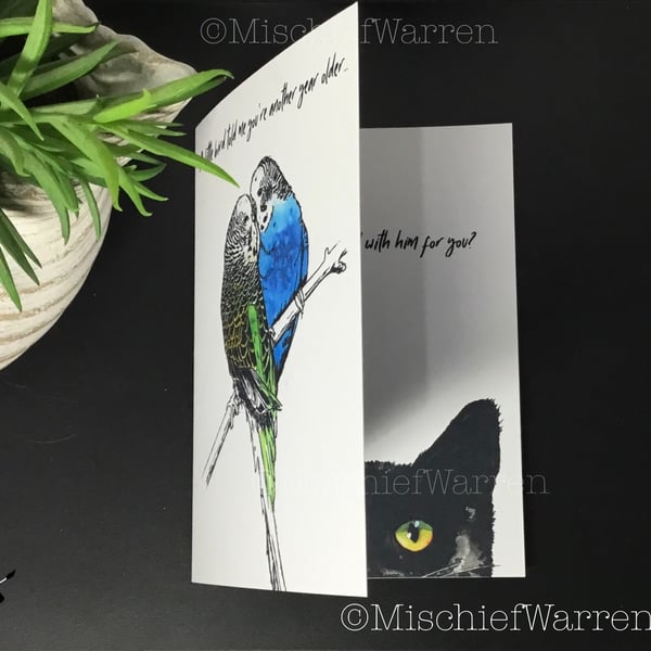 Funny Budgerigar Cat Card. A little bird told me... Birthday card for cat lover.