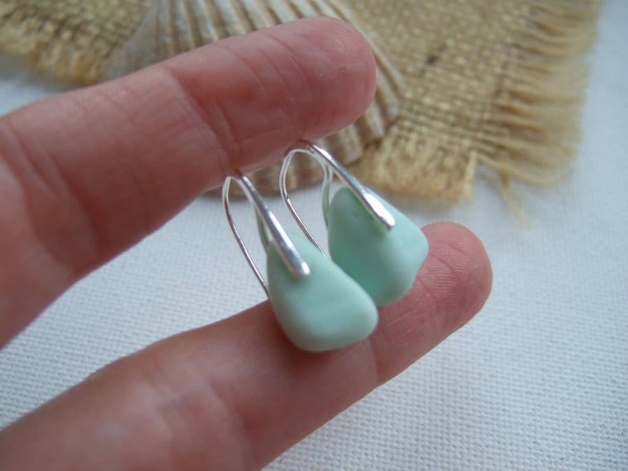 Pastel Green Seaham sea glass earring, light green milk sea glass earrings 