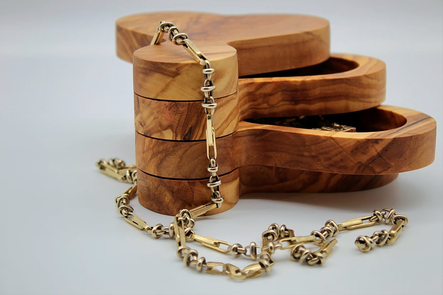 Handcrafted Olive Wood Heart Jewellery Tray, 3 Compartment Ring & Bracelet 