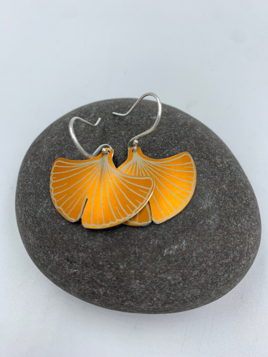 Orange aluminium ginkgo earrings
