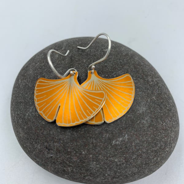 Orange aluminium ginkgo earrings