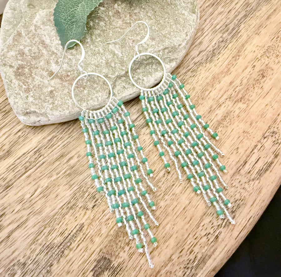 Turquoise and crystal beaded fringe earrings