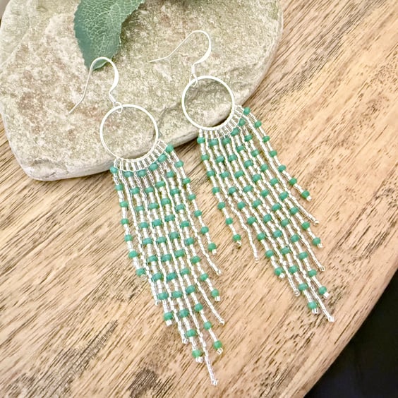 Turquoise and crystal beaded fringe earrings
