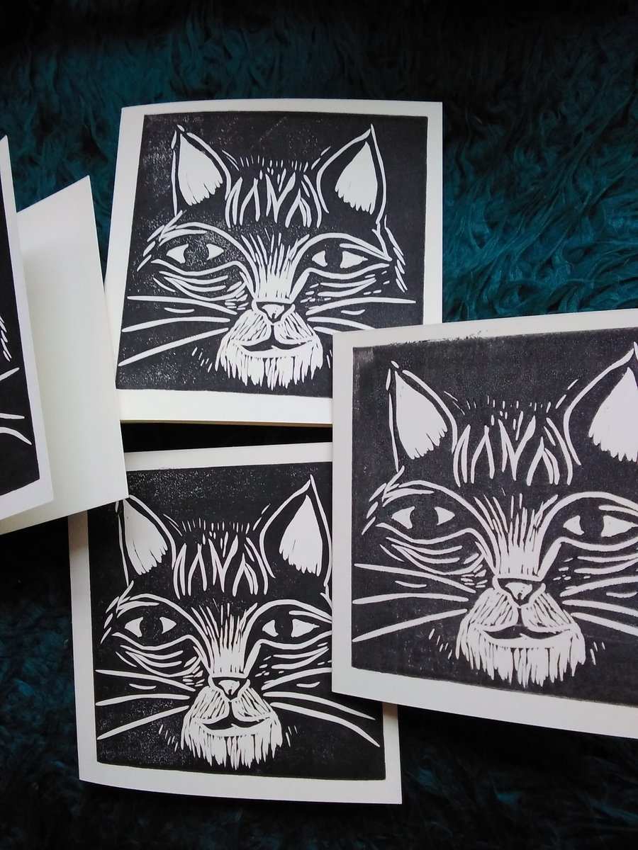3 linoprint cat face cards
