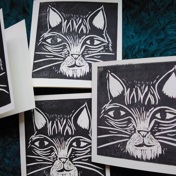 3 linoprint cat face cards