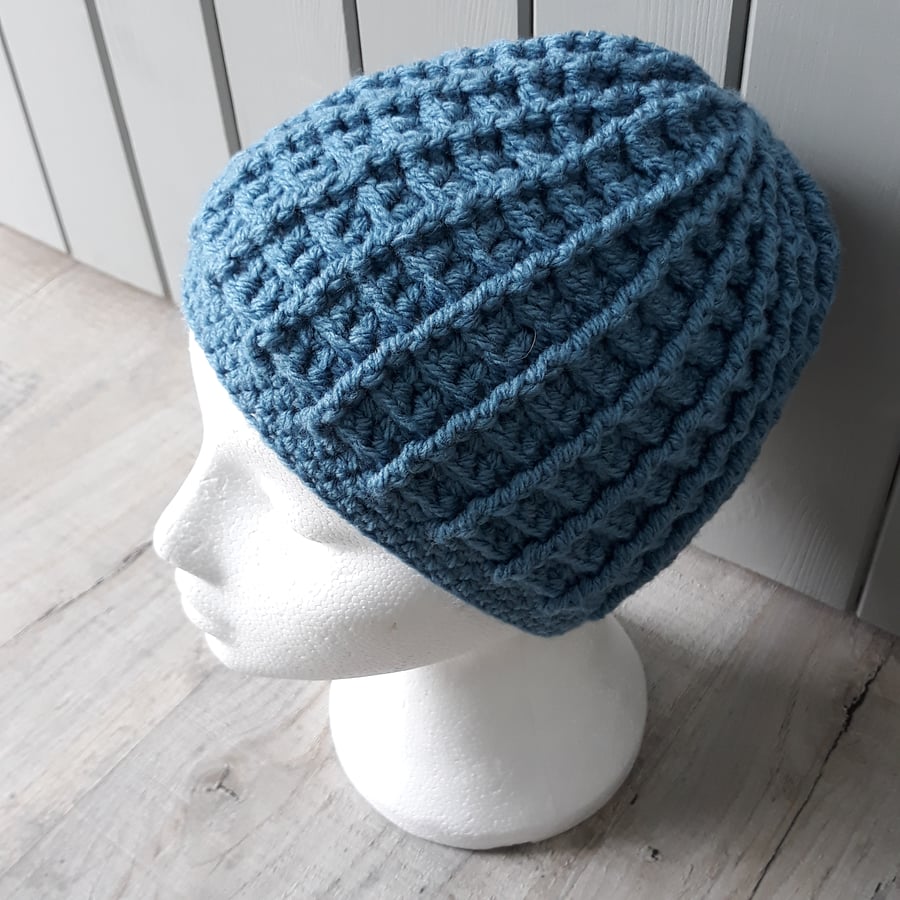 Blue hand crochet chunky beanie style hat