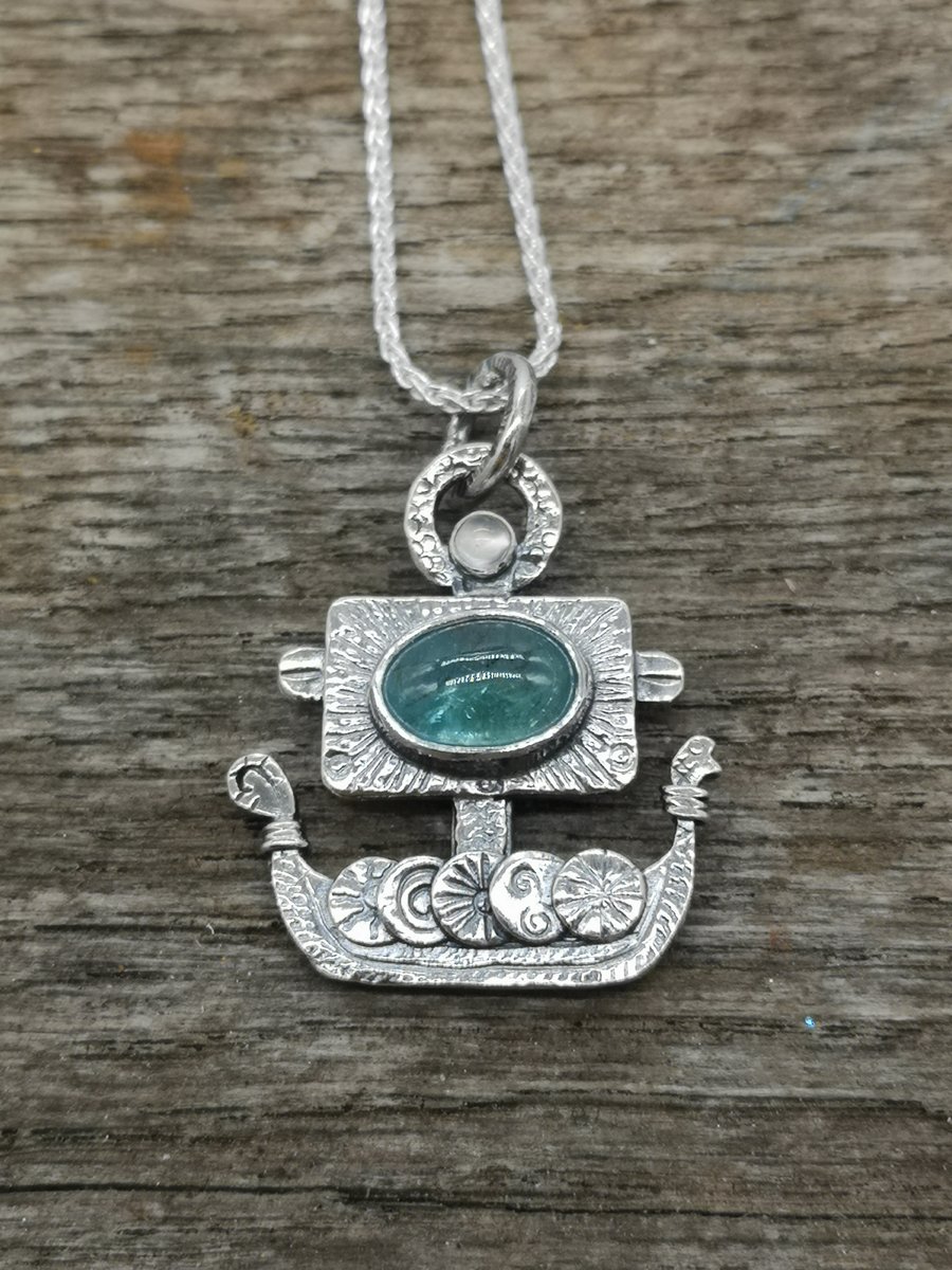 Little Viking Ship Pendant with Apatite and Moonstone
