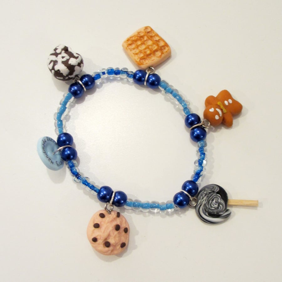 SALE 00 - Retro blue beaded mixed charm bracelet Quirky, fun, unique, handmade