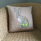 Handprinted & appliquéd cushion Hedgerow Hare