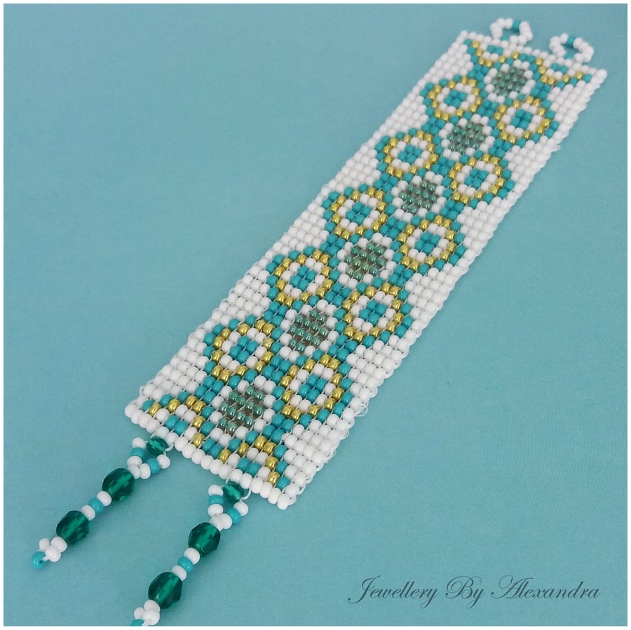 Wide Square Stitch Bracelet-Green, Teal, White and Gold