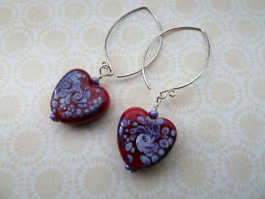 SALE red and purple heart silver earrings