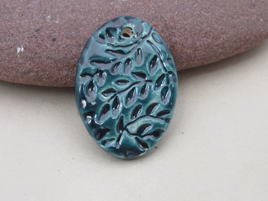 Large Oval Petrol Blue Leaf Sprig Ceramic Pendant