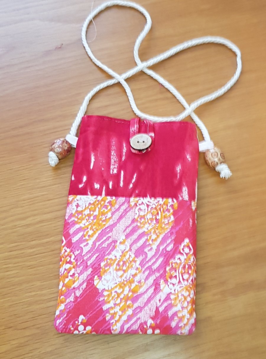 Indian block print fabric mobile phone pouch: pink and orange prints