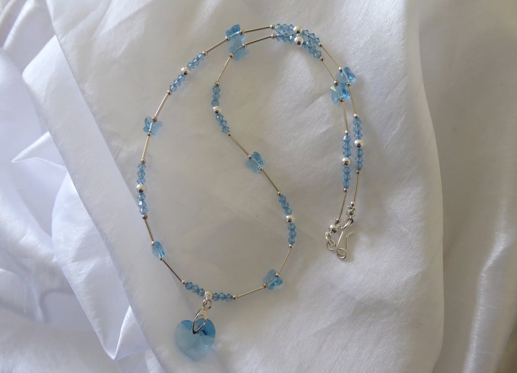 Sterling Silver and Swarovski Aquamarine Crystal Necklace with Hook & Eye Clasp