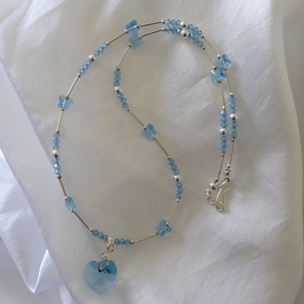 Sterling Silver and Swarovski Aquamarine Crystal Necklace with Hook & Eye Clasp