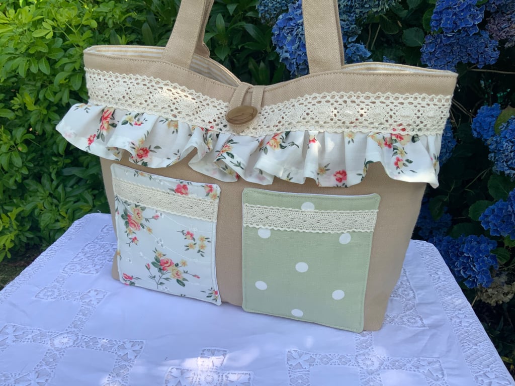 Handmade Ditsy Frilly Fabric Tote Bag, Handbag, Day Bag, Lunch Bag