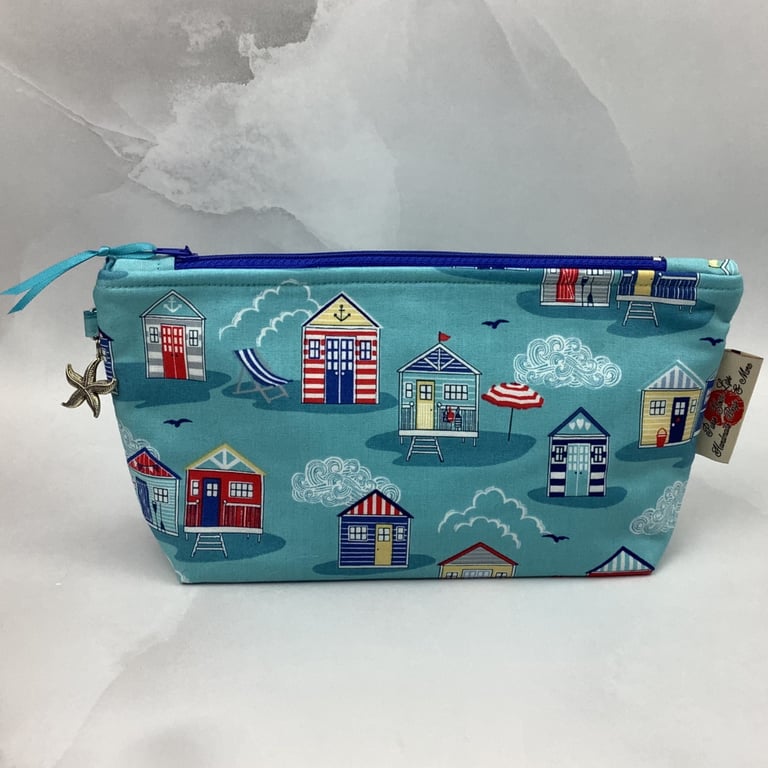 Beach huts makeup bag, Seaside zip bag, Handmade
