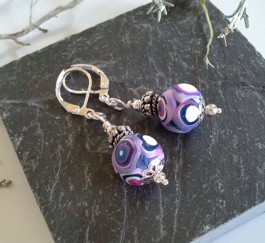 Hand Made Polymer Clay & Tibetan Silver Bead Leaver Back Earings (Charity)